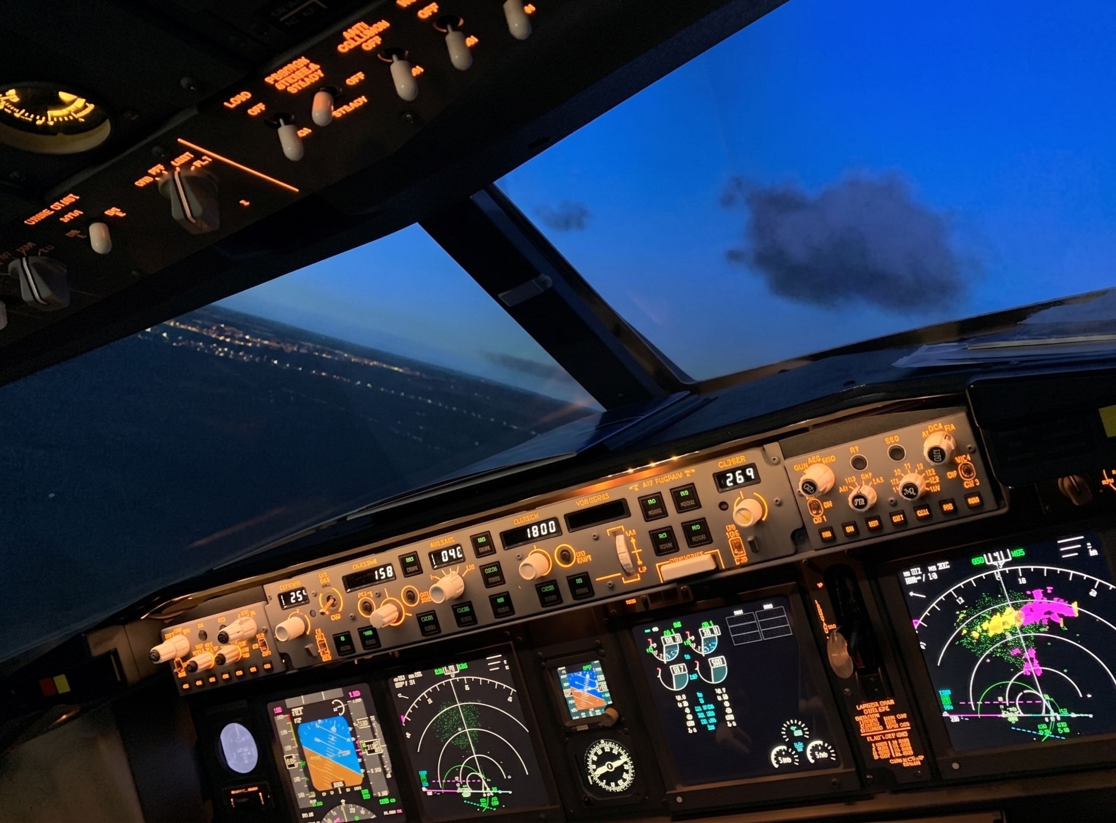 Boeing 737 flight deck during a turn, both pilots in frame.