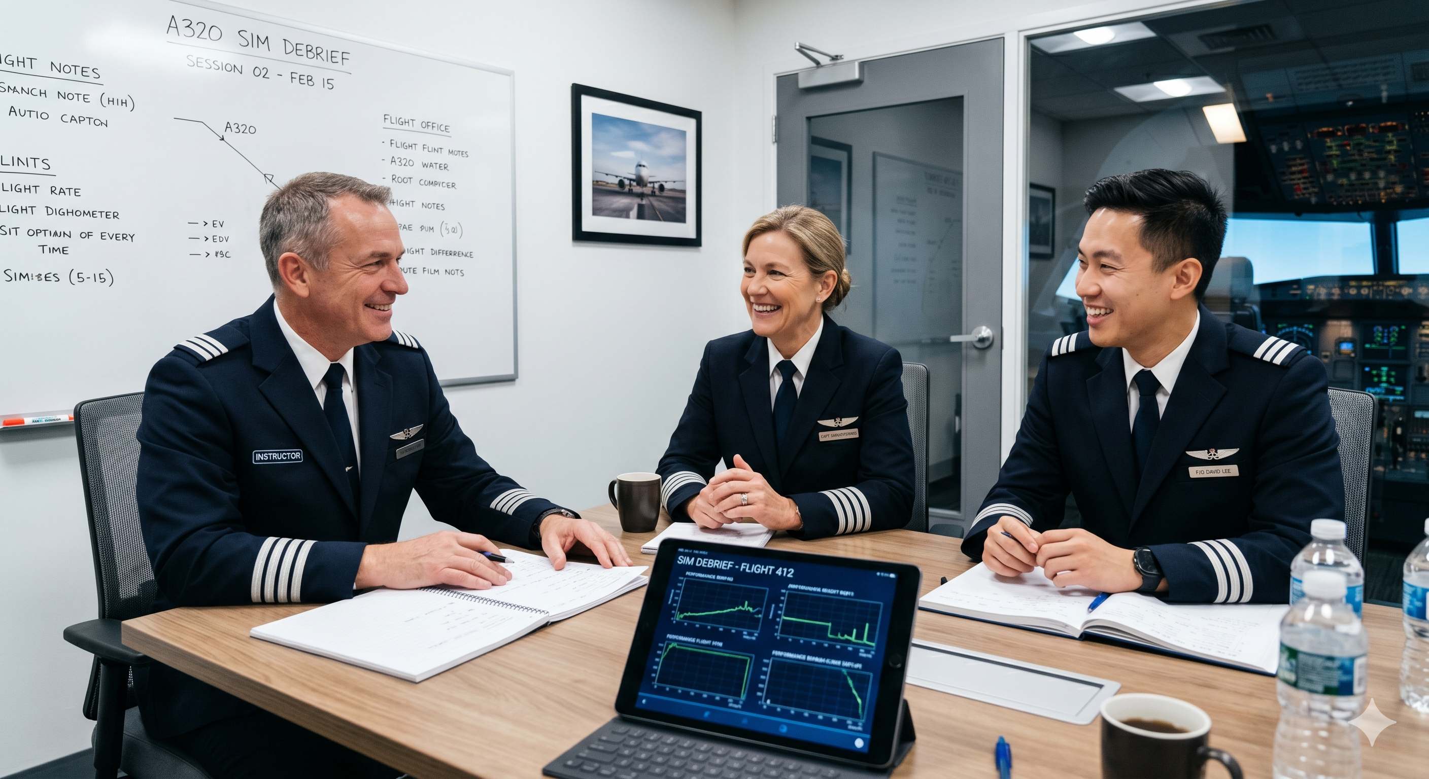Three crew members in a debriefing room around a table, whiteboard behind them with handwritten A320 SIM DEBRIEF notes, tablet on the table showing flight-path graphs.