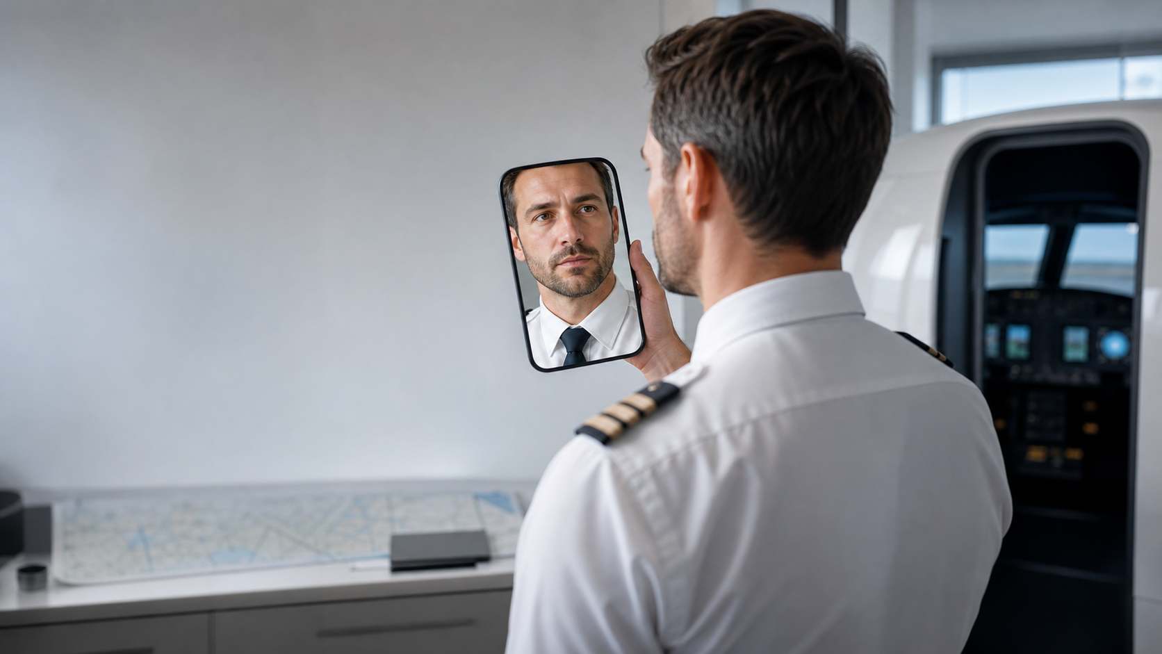 Pilot in uniform looking at his own reflection in a hand-held mirror, in front of a flight training device.