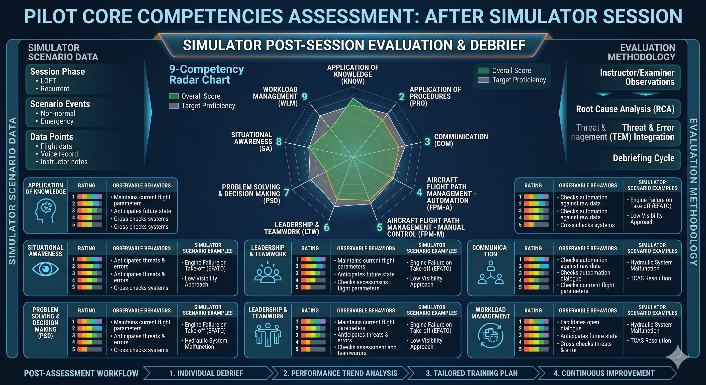 Nine-competency radar chart comparing overall pilot score against target proficiency after a simulator session.
