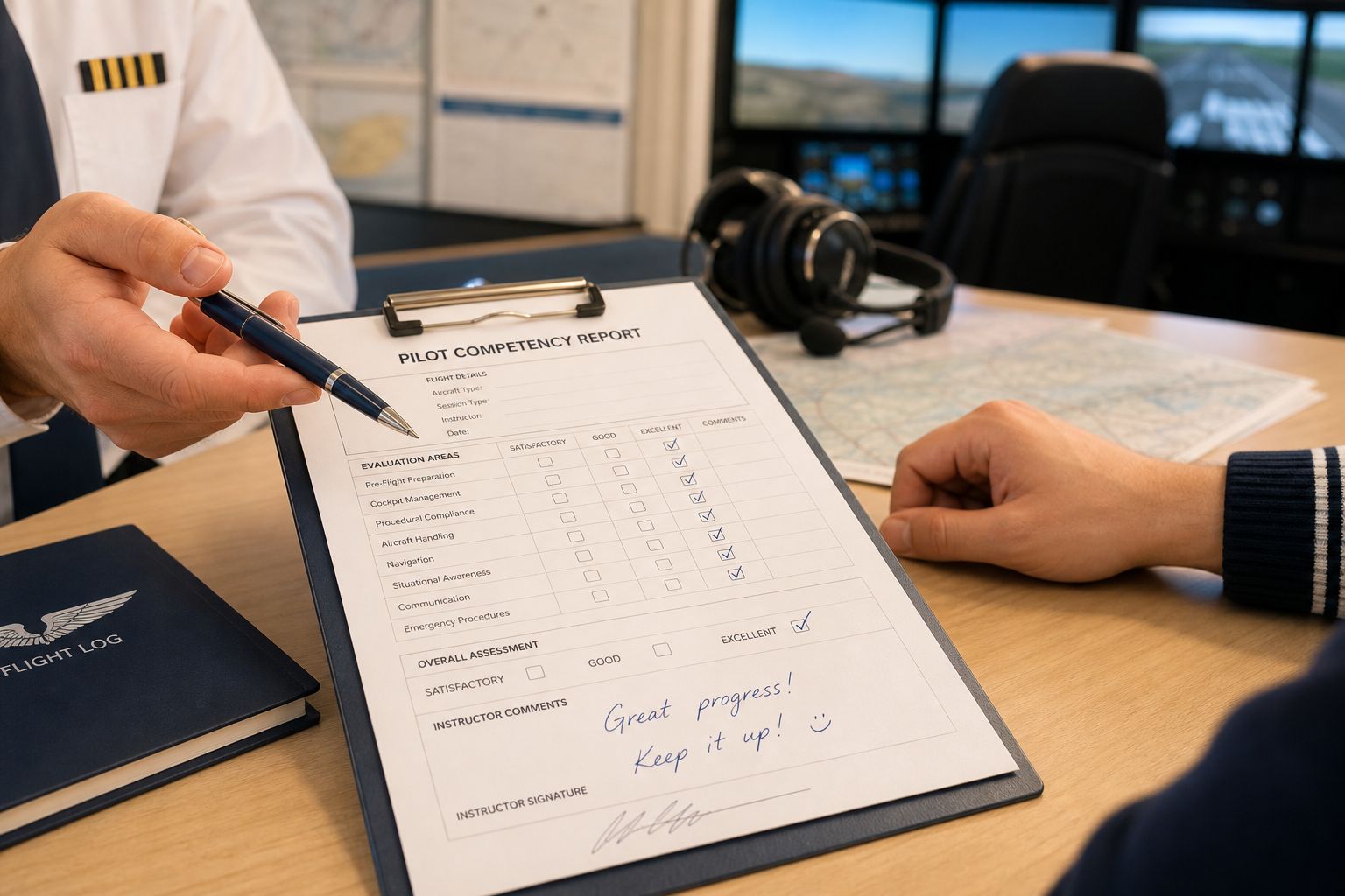 Pilot competency report on a clipboard with instructor sign-off and a handwritten note.