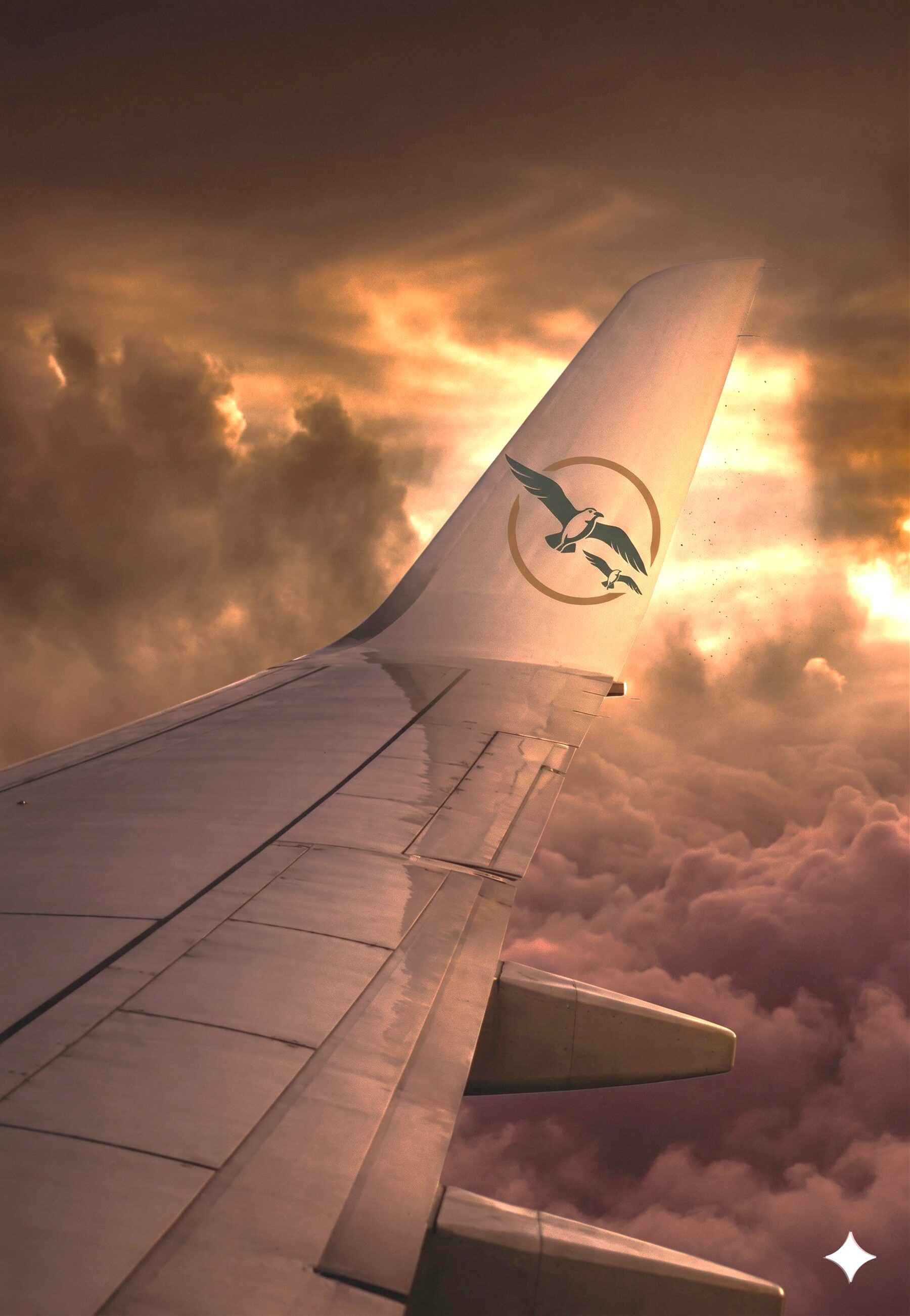Aircraft winglet against a dusk sky over clouds.