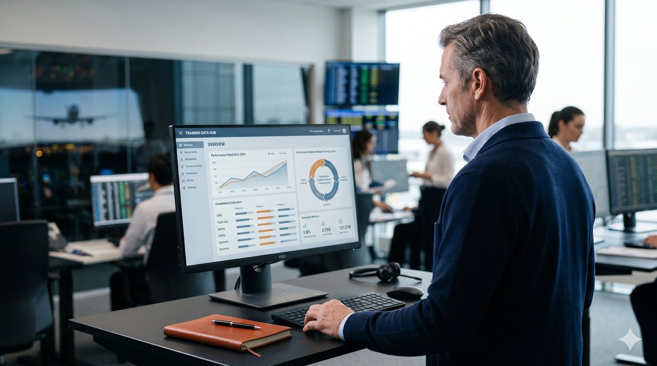 Instructor at a workstation reviewing an assessment dashboard, with a training department operations room behind him.