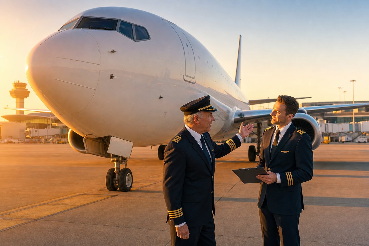 Captain and first officer in uniform standing on the apron at sunset, captain gesturing while explaining something, airliner parked behind them, airport tower in the distance.