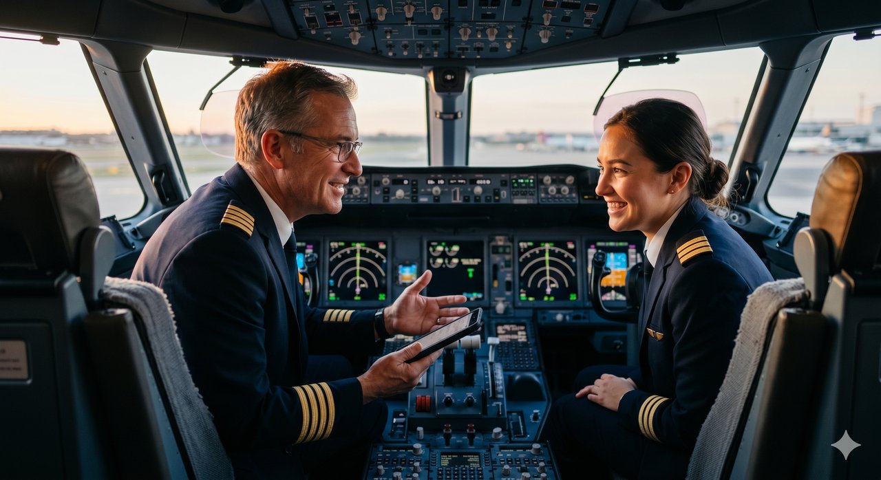 Captain and first officer in an airliner flight deck having a conversation, captain holding a tablet, sunset light through the windscreen.