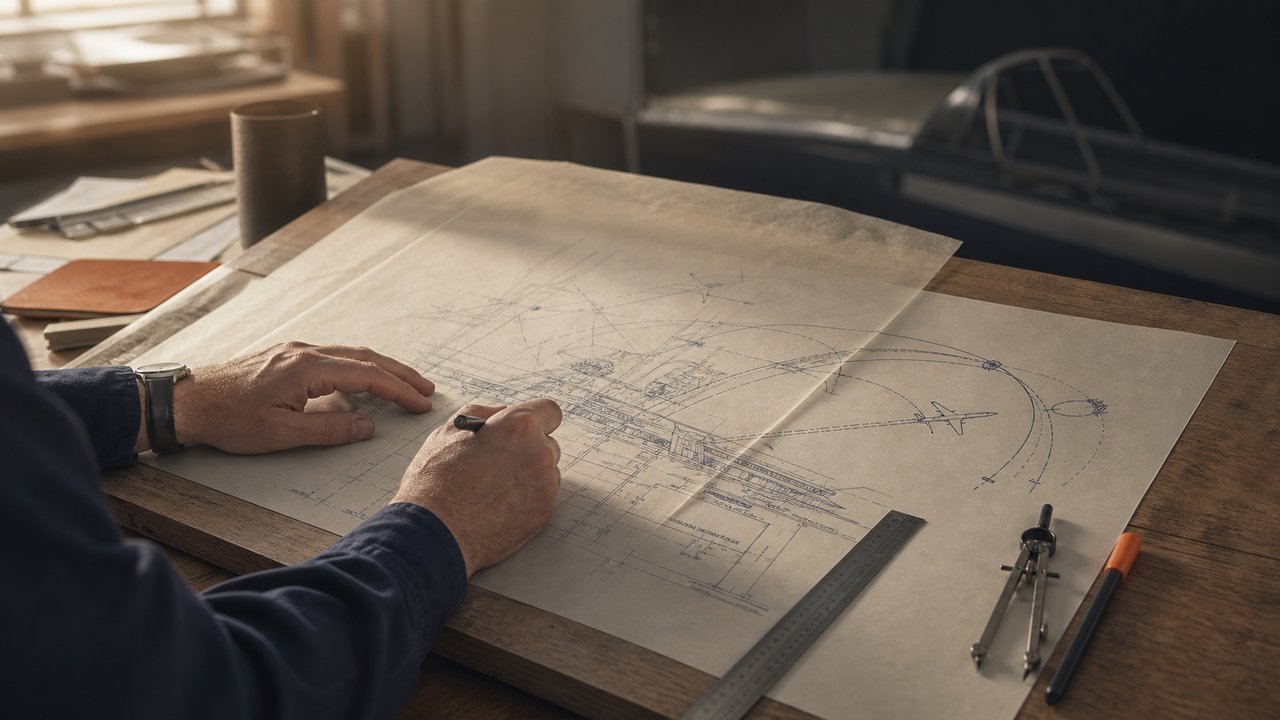 An architect's hands at a wooden drafting table, drawing technical lines on paper with a pencil, with a compass and straight edge alongside.