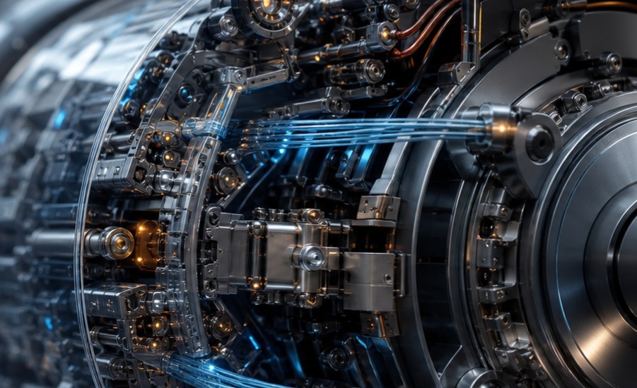 Cutaway view of intricate mechanical and optical machinery, polished metal components and fine blue light filaments running through articulated joints.