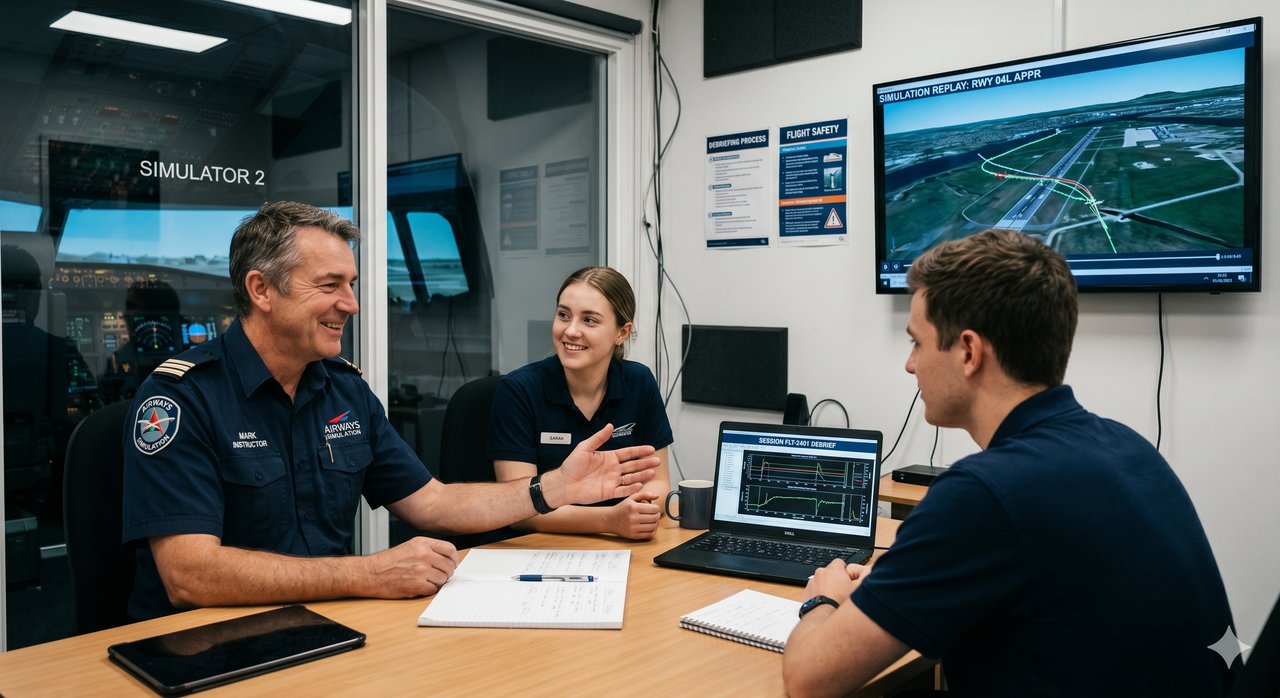 Three crew members in a simulator debrief room reviewing session replay on a wall monitor.