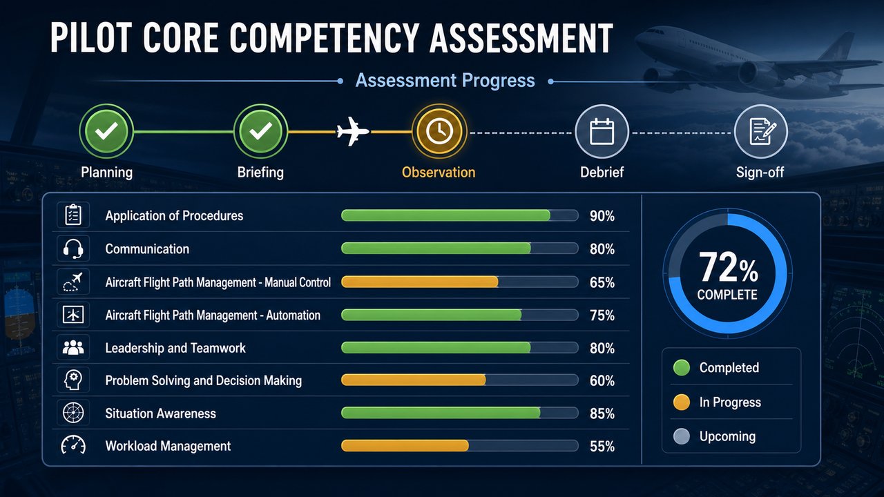 Pilot Core Competency Assessment dashboard, showing a five-stage progress tracker and per-competency progress bars.