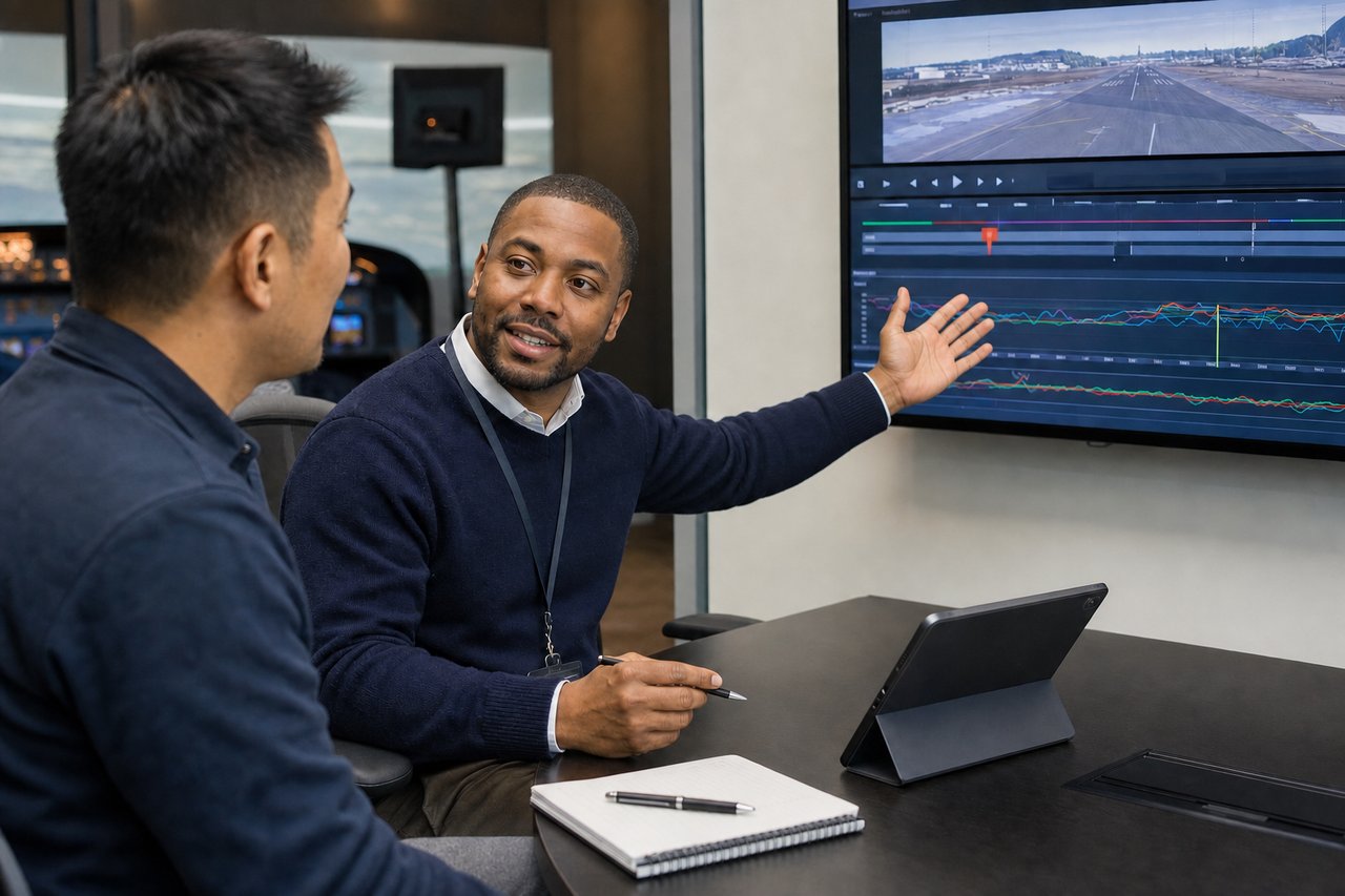 Instructor explaining a session replay on a wall monitor to a trainee.