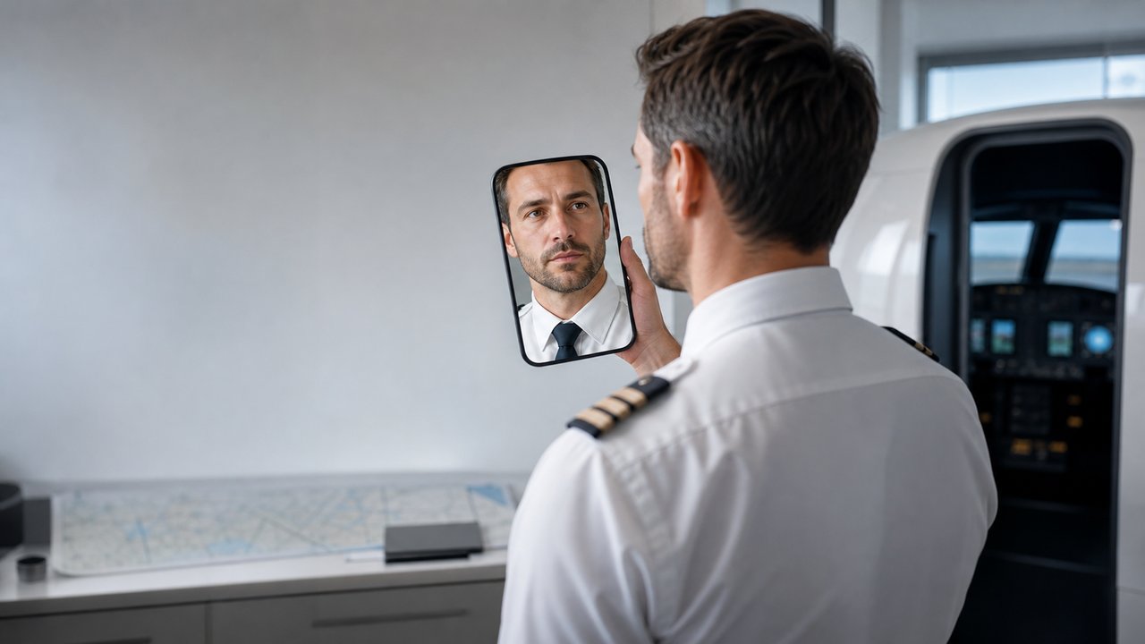 Pilot in uniform looking at his own reflection in a hand-held mirror, in front of a flight training device.