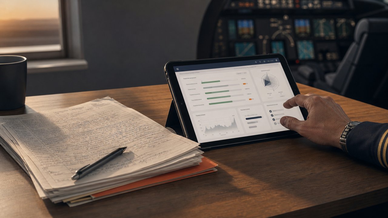 Tablet showing a WingMentor app dashboard on an instructor's desk, paperwork and a pen beside it, a flight training device in the background.