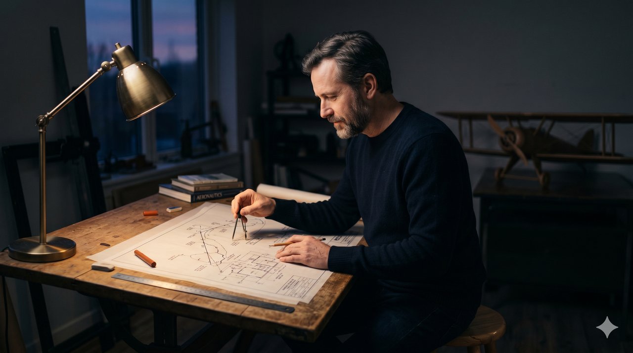 An architect at a drafting table working on a hand-drawn architectural plan with a compass, brass desk lamp lighting the page, dusk window behind.